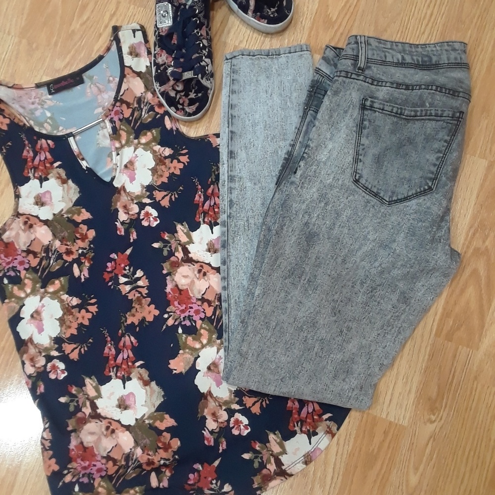 Jeans with a hint of lavender color.
